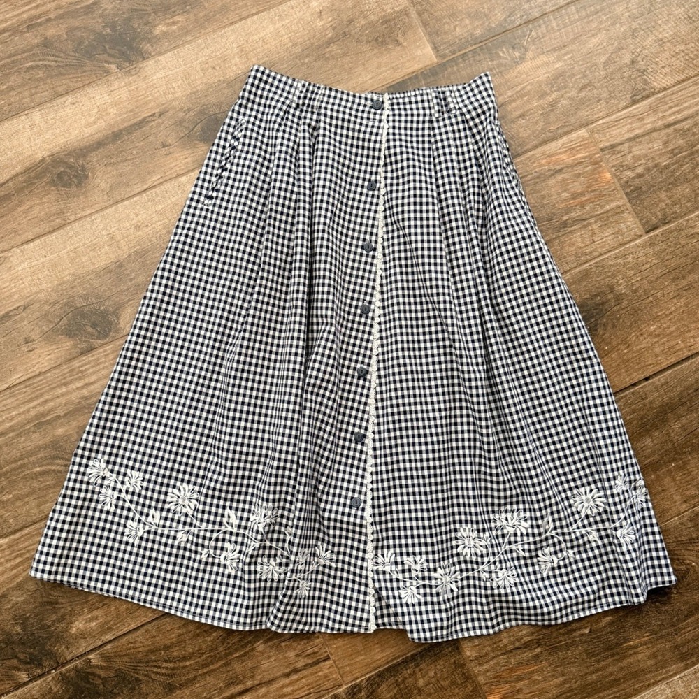 Napa Valley Vintage Cottage Embroidered Floral Gingham Midi Skirt,Navy White, 16